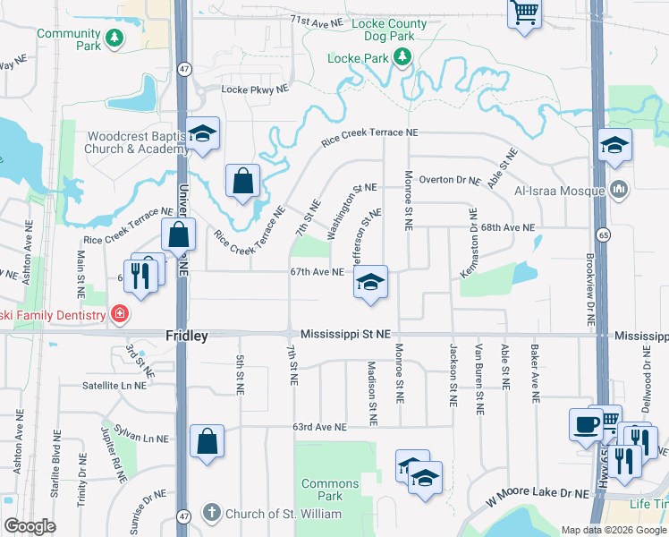 map of restaurants, bars, coffee shops, grocery stores, and more near 541 67th Avenue Northeast in Fridley