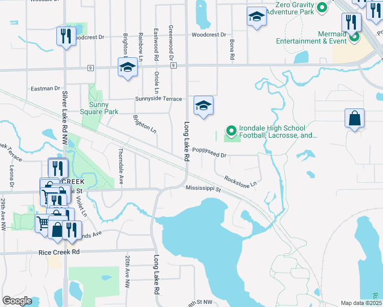 map of restaurants, bars, coffee shops, grocery stores, and more near 1631 Poppyseed Drive in New Brighton