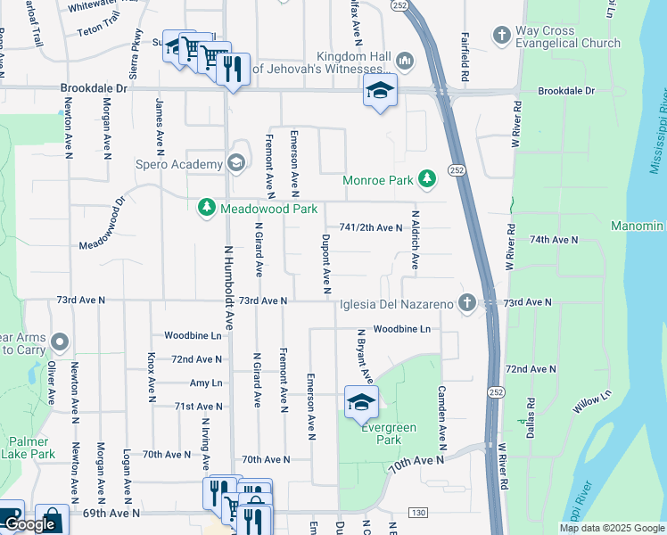 map of restaurants, bars, coffee shops, grocery stores, and more near 1024 73rd Way North in Minneapolis