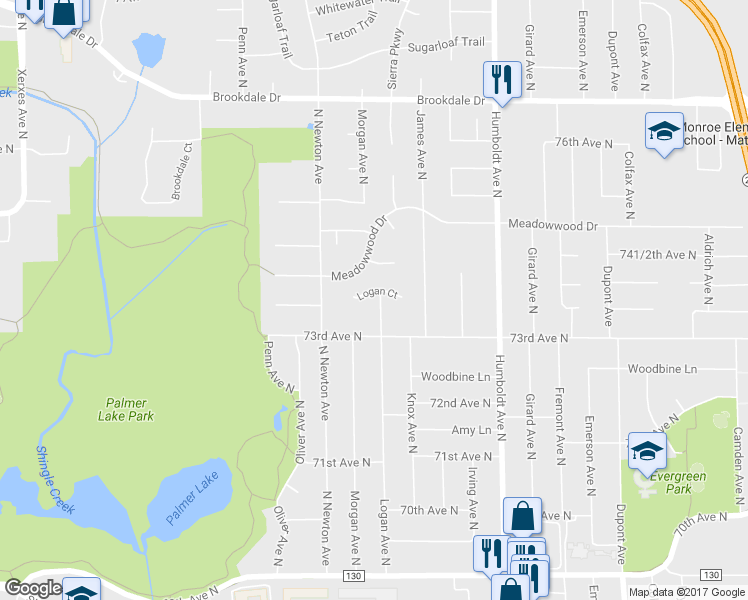 map of restaurants, bars, coffee shops, grocery stores, and more near 7329 Logan Court in Minneapolis