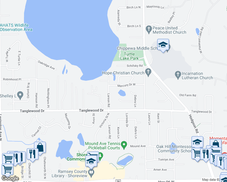 map of restaurants, bars, coffee shops, grocery stores, and more near 4864 Larson Road in Saint Paul