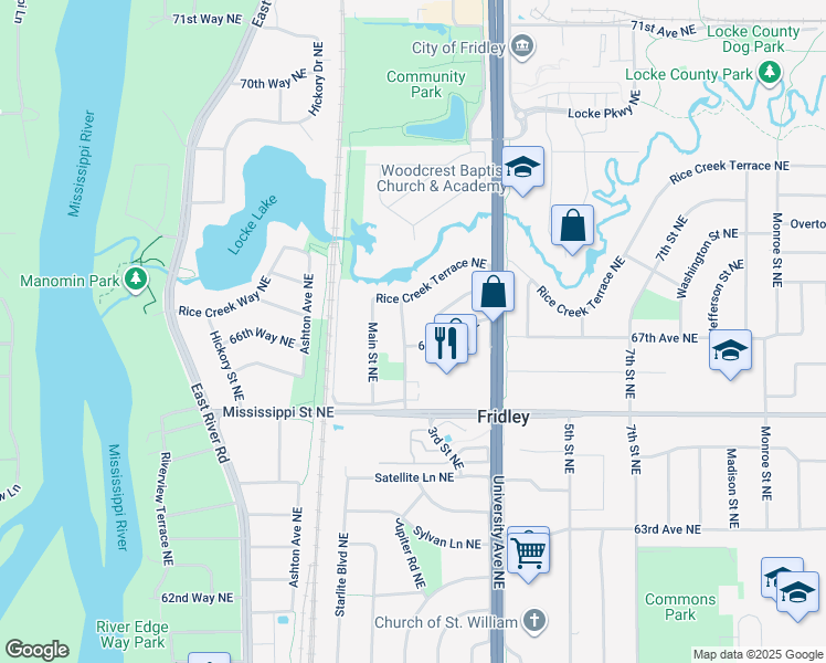map of restaurants, bars, coffee shops, grocery stores, and more near 6711 2nd Street Northeast in Fridley