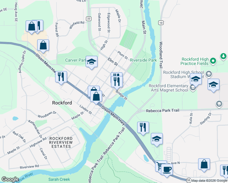 map of restaurants, bars, coffee shops, grocery stores, and more near 8200 Bridge Street in Rockford