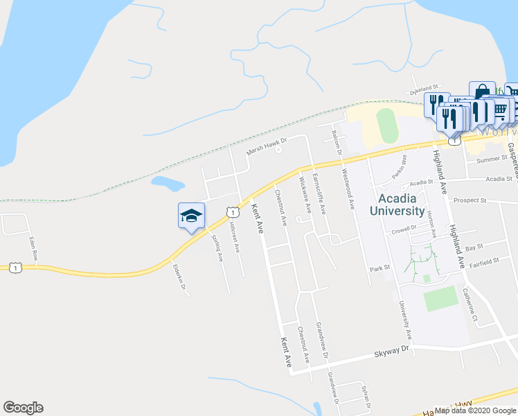 map of restaurants, bars, coffee shops, grocery stores, and more near 1 Kent Avenue in Wolfville