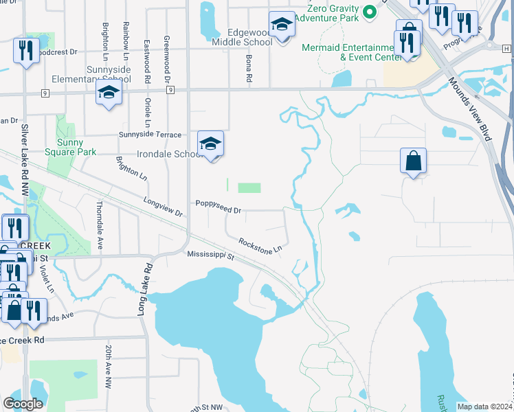 map of restaurants, bars, coffee shops, grocery stores, and more near 1270 Poppyseed Drive in Saint Paul