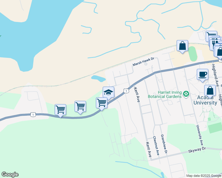 map of restaurants, bars, coffee shops, grocery stores, and more near 27 Whidden Avenue in Wolfville