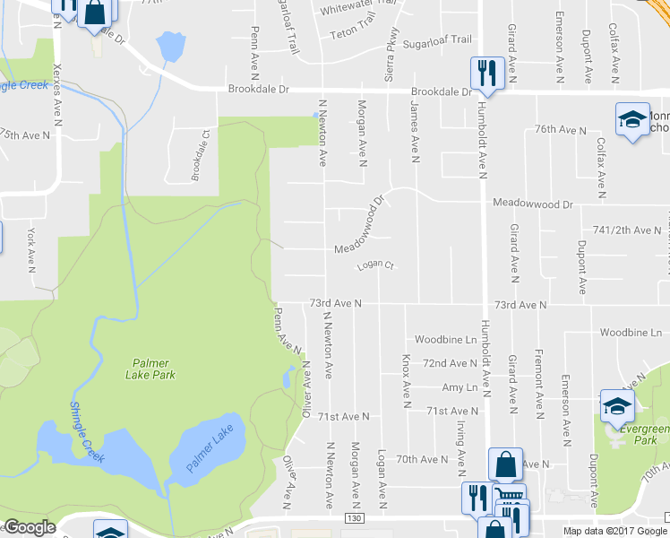 map of restaurants, bars, coffee shops, grocery stores, and more near 7332 Newton Avenue North in Minneapolis