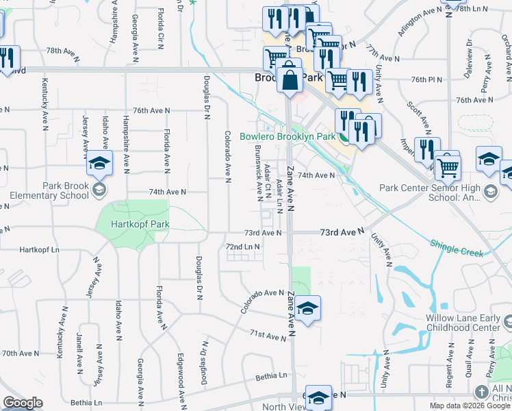 map of restaurants, bars, coffee shops, grocery stores, and more near 7333 Brunswick Avenue North in Minneapolis