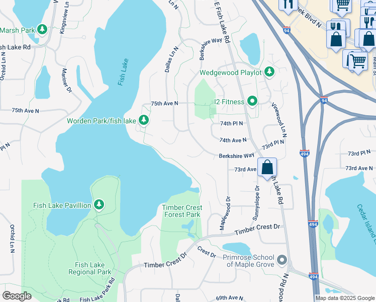 map of restaurants, bars, coffee shops, grocery stores, and more near 7352 Berkshire Court in Osseo