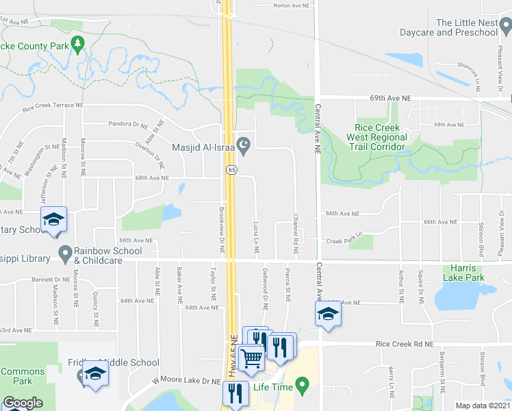 map of restaurants, bars, coffee shops, grocery stores, and more near 5650 Main Street Northeast in Fridley