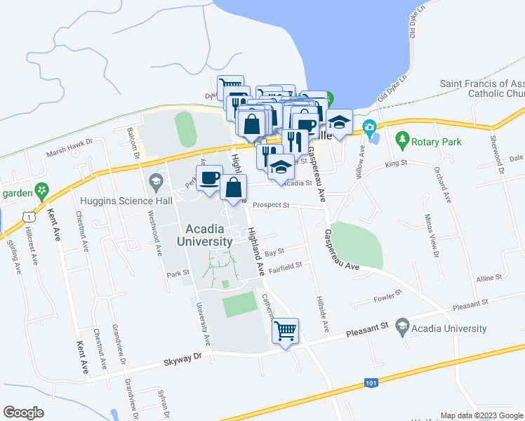 map of restaurants, bars, coffee shops, grocery stores, and more near 25 Prospect Street in Wolfville