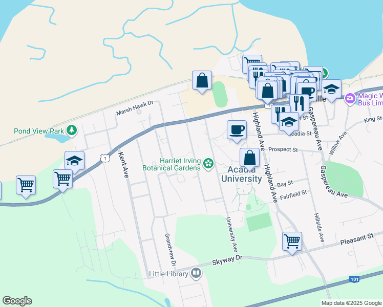 map of restaurants, bars, coffee shops, grocery stores, and more near 22 Westwood Avenue in Wolfville