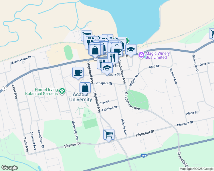 map of restaurants, bars, coffee shops, grocery stores, and more near 17 Prospect Street in Wolfville