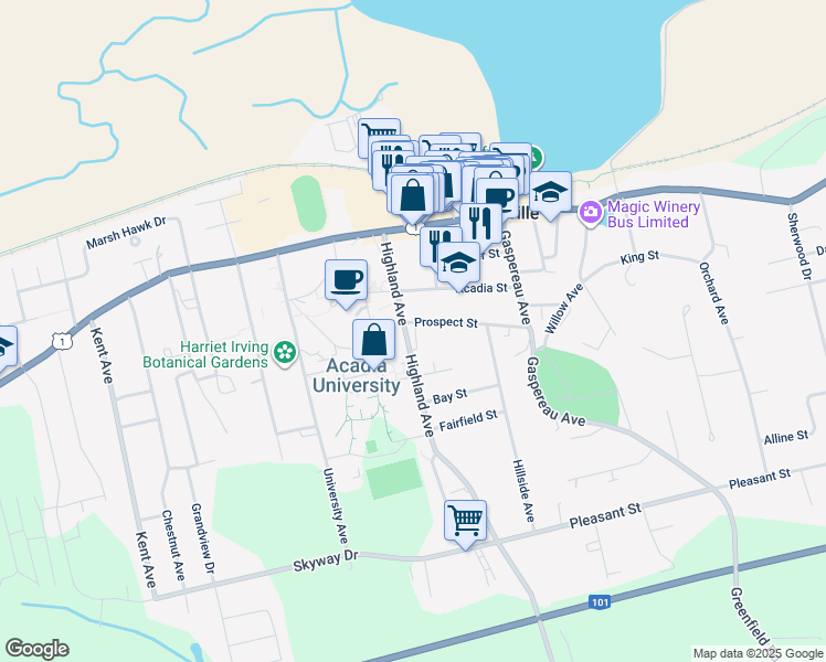 map of restaurants, bars, coffee shops, grocery stores, and more near 29 Prospect Street in Wolfville