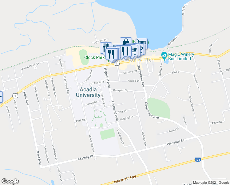 map of restaurants, bars, coffee shops, grocery stores, and more near 27 Prospect Street in Wolfville