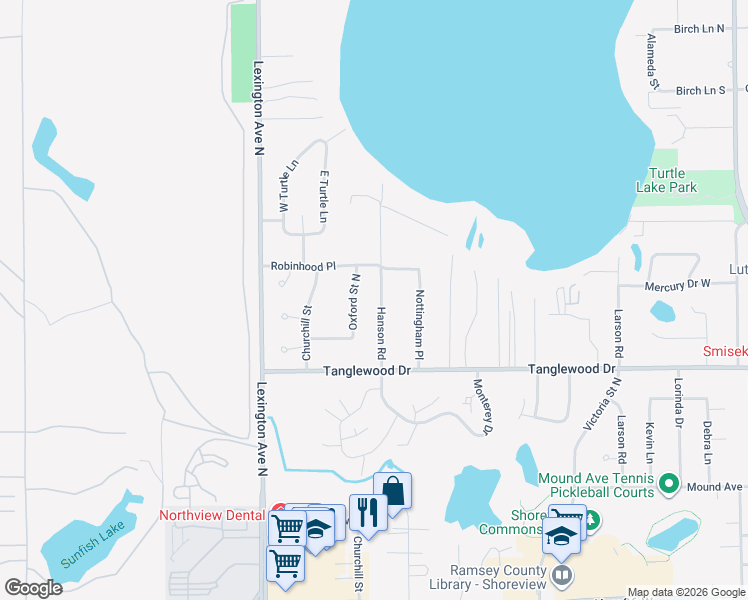 map of restaurants, bars, coffee shops, grocery stores, and more near 4875 Hanson Road in Shoreview