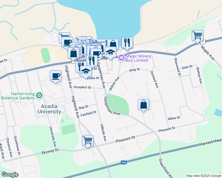 map of restaurants, bars, coffee shops, grocery stores, and more near 47 Willow Avenue in Wolfville