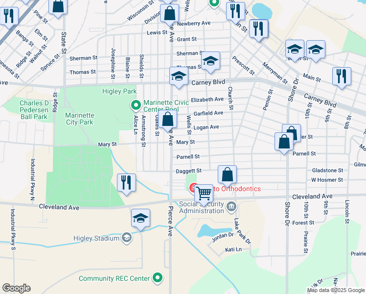 map of restaurants, bars, coffee shops, grocery stores, and more near 1609 Mary Street in Marinette