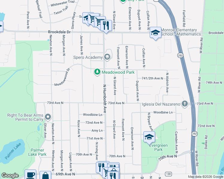 map of restaurants, bars, coffee shops, grocery stores, and more near 7332 North Humboldt Avenue in Minneapolis