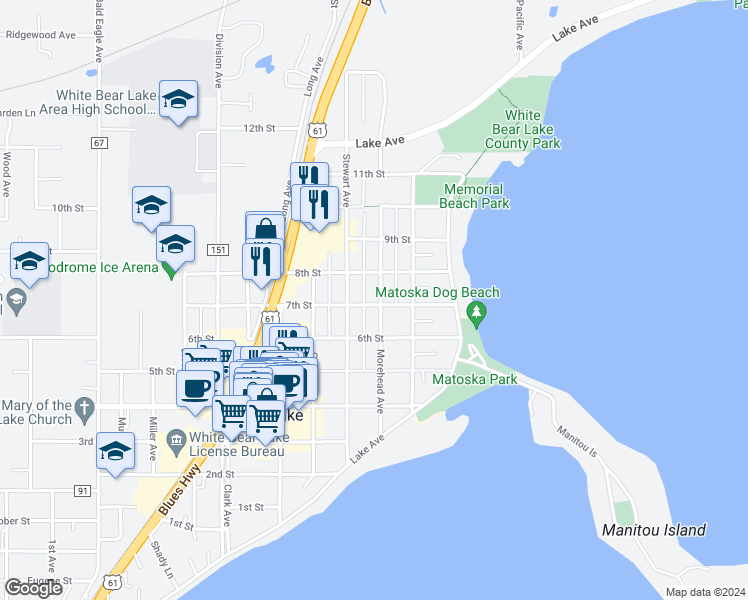 map of restaurants, bars, coffee shops, grocery stores, and more near 4871 Morehead Avenue in White Bear Lake