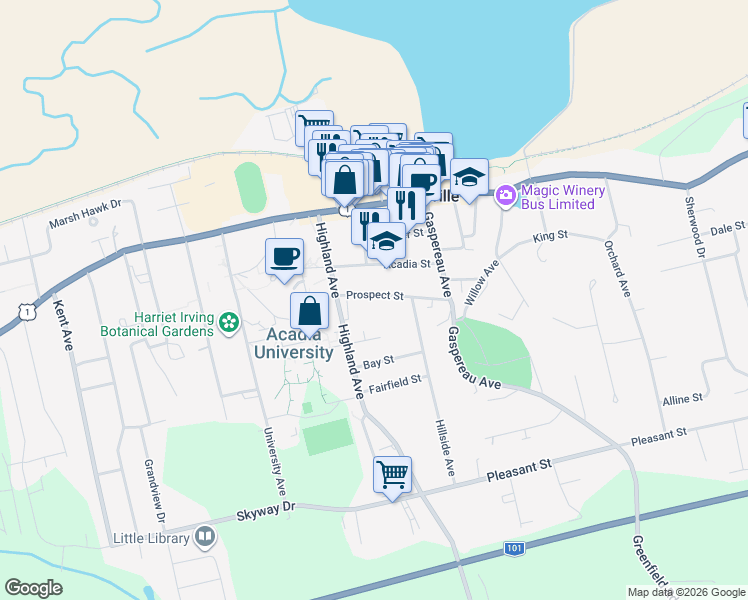 map of restaurants, bars, coffee shops, grocery stores, and more near 21 Prospect Street in Wolfville