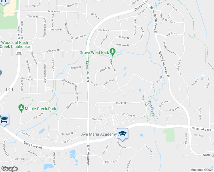 map of restaurants, bars, coffee shops, grocery stores, and more near 17294 73rd Place North in Osseo