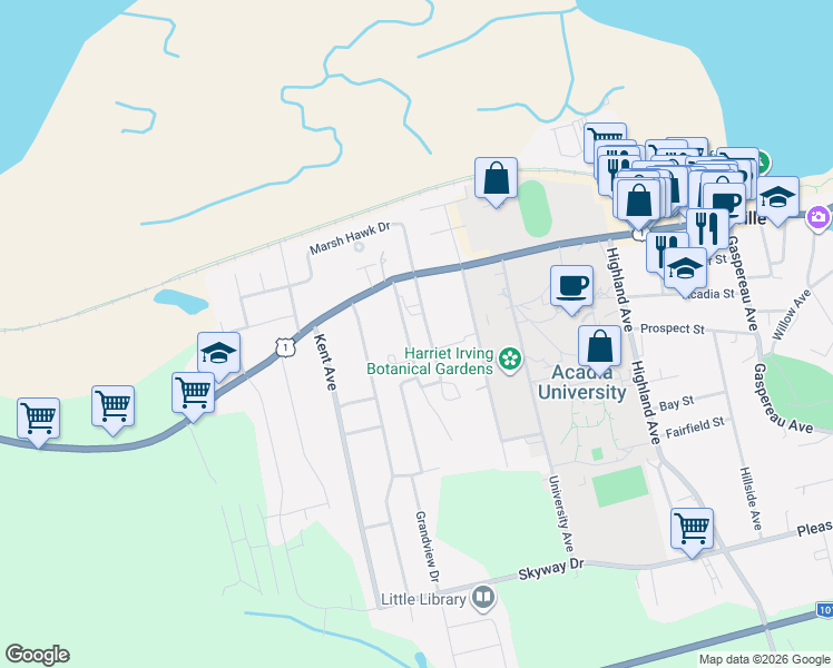 map of restaurants, bars, coffee shops, grocery stores, and more near 14 Earnscliffe Avenue in Wolfville