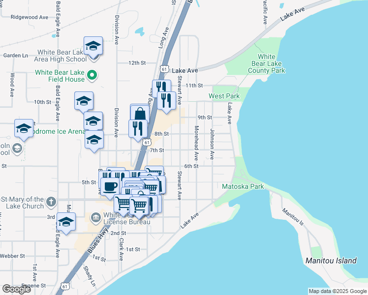 map of restaurants, bars, coffee shops, grocery stores, and more near 4872 Stewart Avenue in White Bear Lake