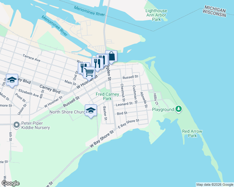 map of restaurants, bars, coffee shops, grocery stores, and more near 119 Coleman St in Marinette
