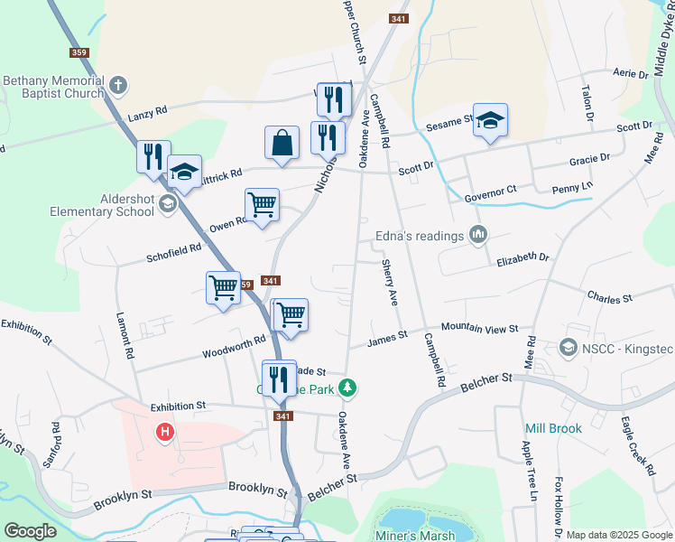 map of restaurants, bars, coffee shops, grocery stores, and more near 170 Oakdene Avenue in Kentville
