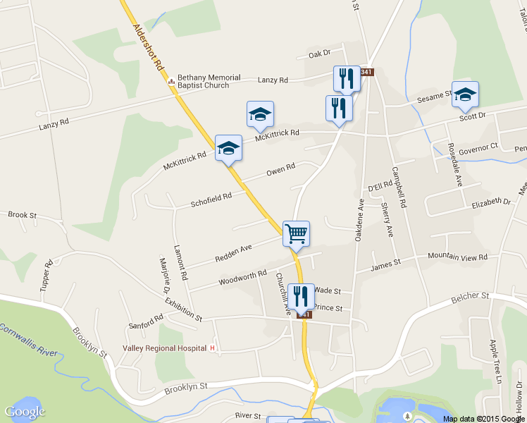 map of restaurants, bars, coffee shops, grocery stores, and more near 385 Aldershot Road in Kentville
