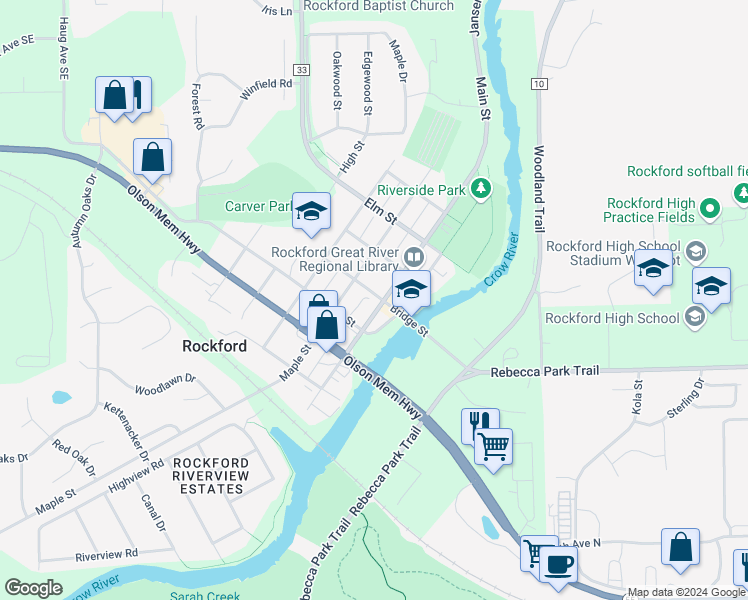 map of restaurants, bars, coffee shops, grocery stores, and more near 8331 Bridge Street in Rockford