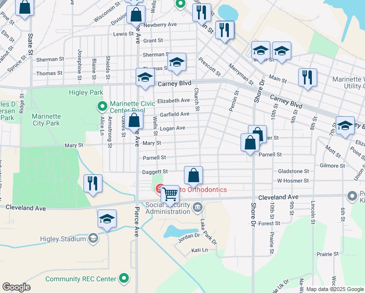 map of restaurants, bars, coffee shops, grocery stores, and more near 1433 Mary St in Marinette