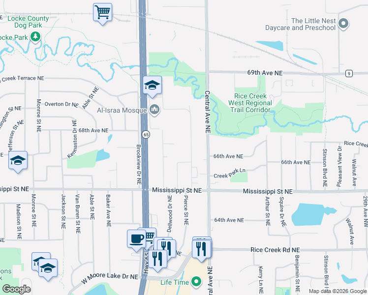 map of restaurants, bars, coffee shops, grocery stores, and more near 6630 Channel Road Northeast in Fridley