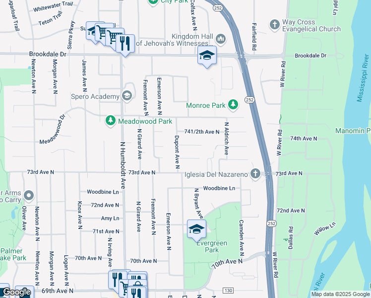 map of restaurants, bars, coffee shops, grocery stores, and more near 1024 73rd Way North in Minneapolis
