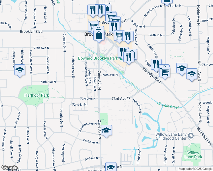 map of restaurants, bars, coffee shops, grocery stores, and more near 5860 73rd Avenue North in Minneapolis