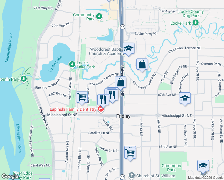 map of restaurants, bars, coffee shops, grocery stores, and more near 261 67th Avenue Northeast in Fridley