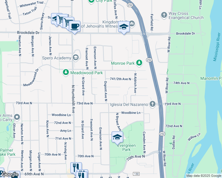 map of restaurants, bars, coffee shops, grocery stores, and more near 1024 73rd Way North in Minneapolis