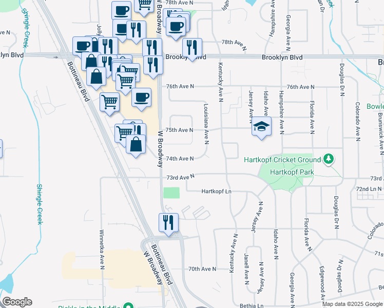 map of restaurants, bars, coffee shops, grocery stores, and more near 7301 74th Avenue North in Minneapolis