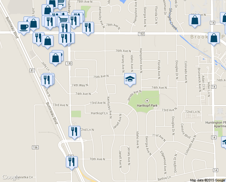 map of restaurants, bars, coffee shops, grocery stores, and more near 7008 74th Avenue North in Minneapolis