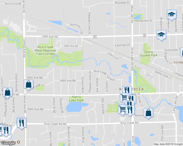 map of restaurants, bars, coffee shops, grocery stores, and more near 3169 Rice Creek Terrace in Saint Paul