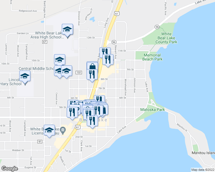 map of restaurants, bars, coffee shops, grocery stores, and more near 2241 7th Street in White Bear Lake
