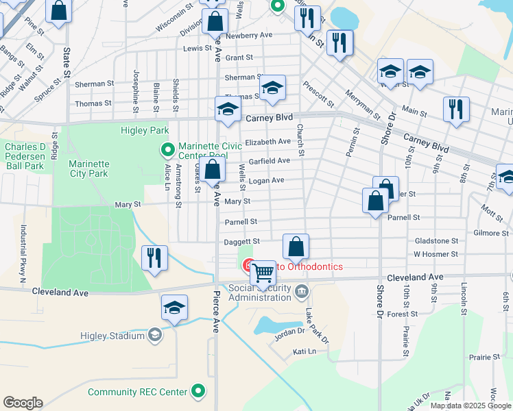 map of restaurants, bars, coffee shops, grocery stores, and more near 1517 Mary Street in Marinette