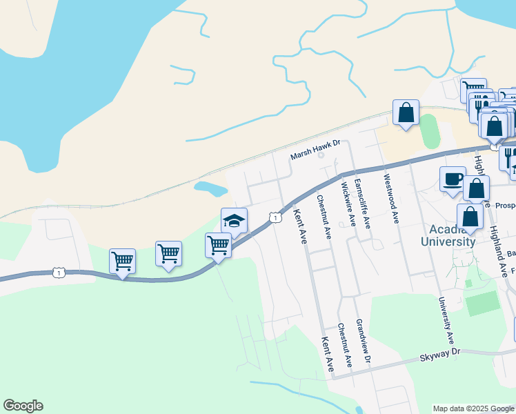map of restaurants, bars, coffee shops, grocery stores, and more near 27 Bigelow Street in Wolfville