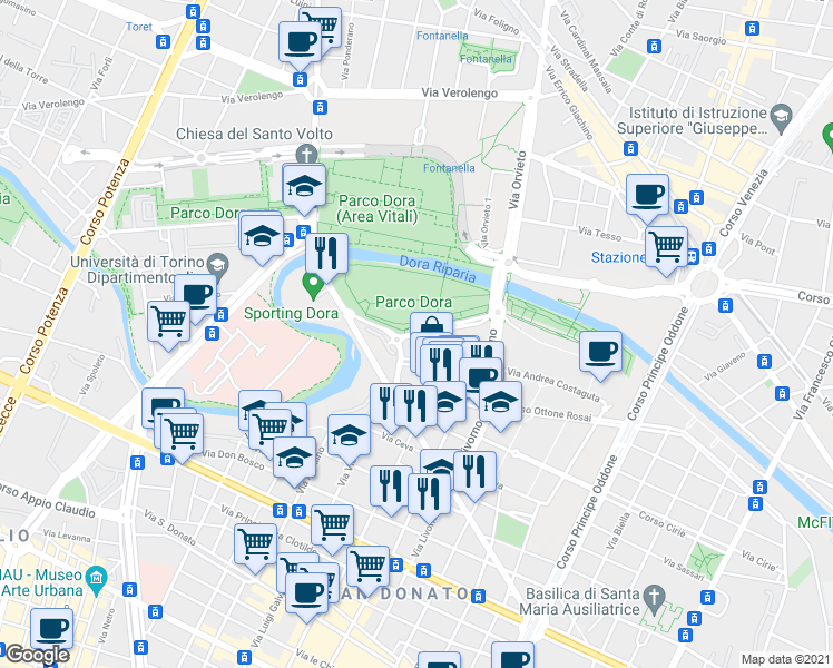 map of restaurants, bars, coffee shops, grocery stores, and more near Via Adolphe Daubrée in Turin