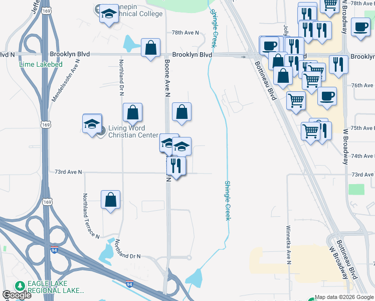map of restaurants, bars, coffee shops, grocery stores, and more near 7400 Aspen Lane North in Brooklyn Park