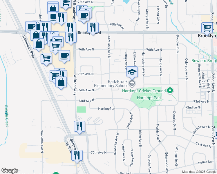 map of restaurants, bars, coffee shops, grocery stores, and more near 7409 Kentucky Avenue North in Minneapolis