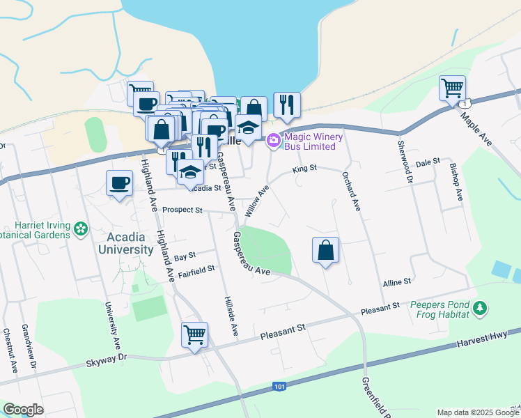 map of restaurants, bars, coffee shops, grocery stores, and more near 39 Willow Avenue in Wolfville