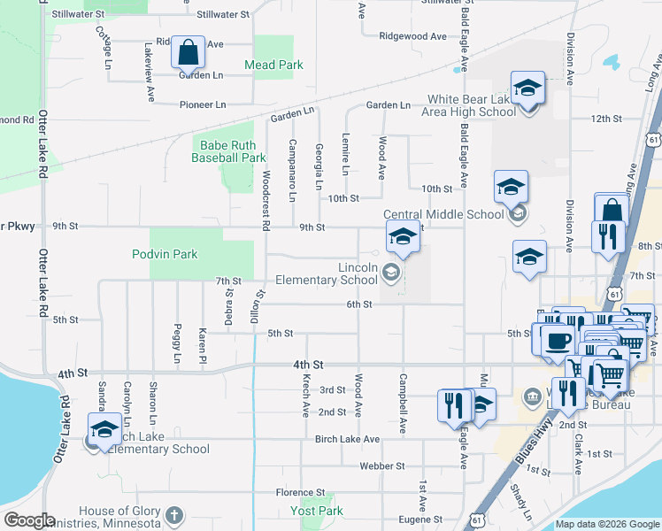 map of restaurants, bars, coffee shops, grocery stores, and more near 1857 7th Street in White Bear Lake