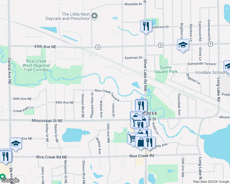 map of restaurants, bars, coffee shops, grocery stores, and more near 2892 Rice Creek Terrace in New Brighton